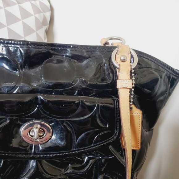 COACH Leah Signature Y2K Black Embossed Patent & Tan Leather Tote Bag - Picture 3 of 8
